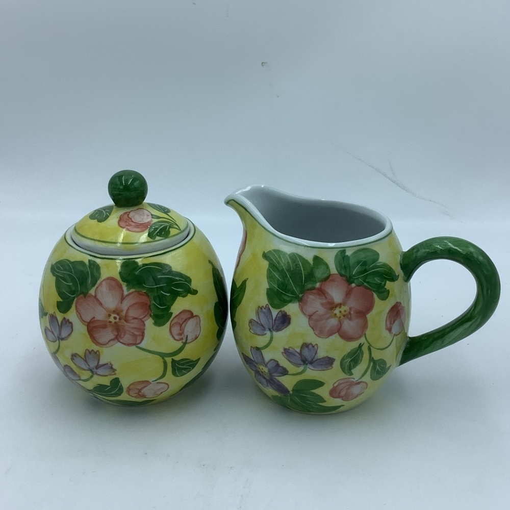 Andrea by Sadek Yellow, Green and Pink Floral Sugar and Creamer